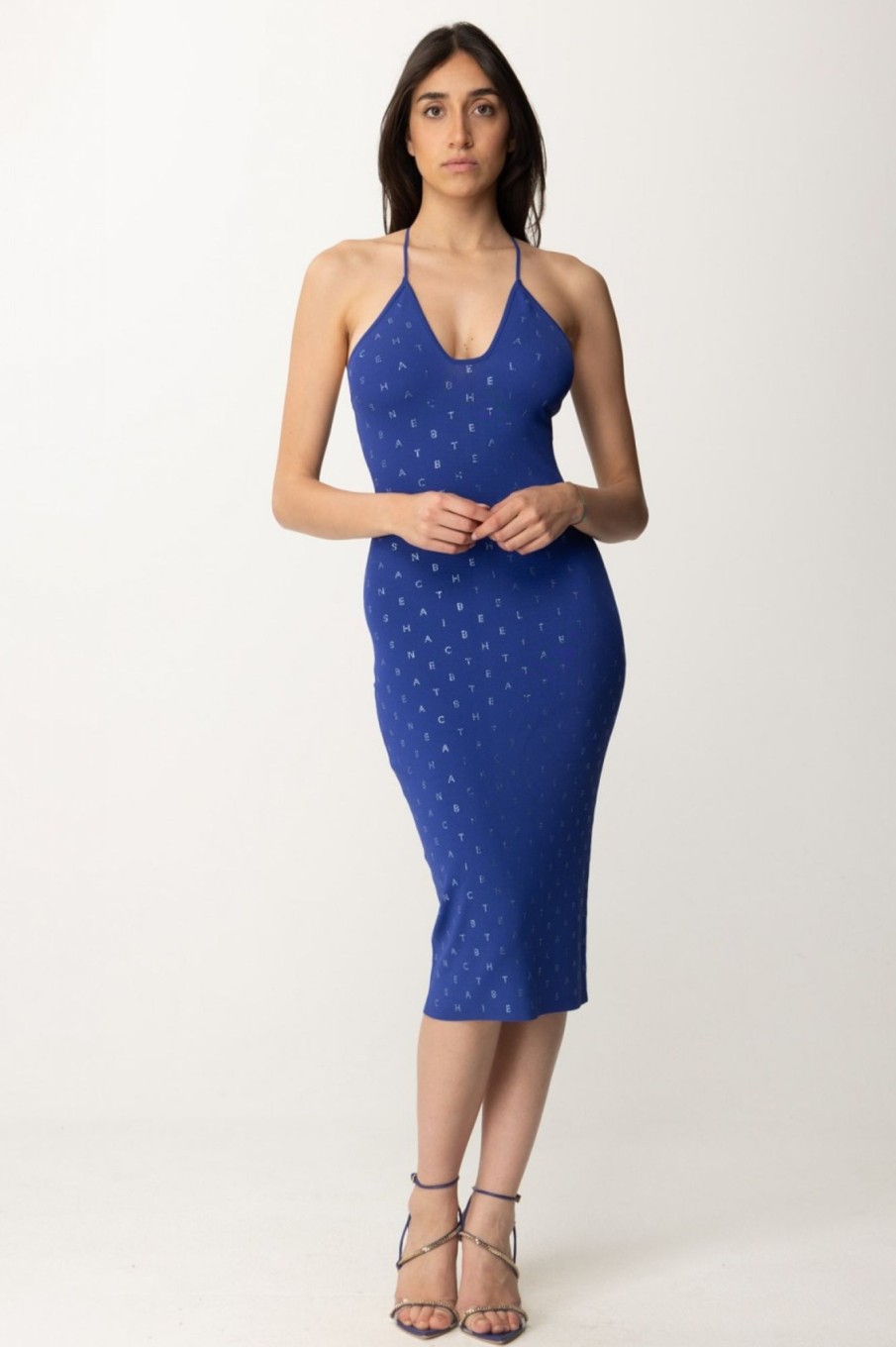 Elisabetta Franchi Abito Midi Con Lettering In Strass Blue Indaco Hot