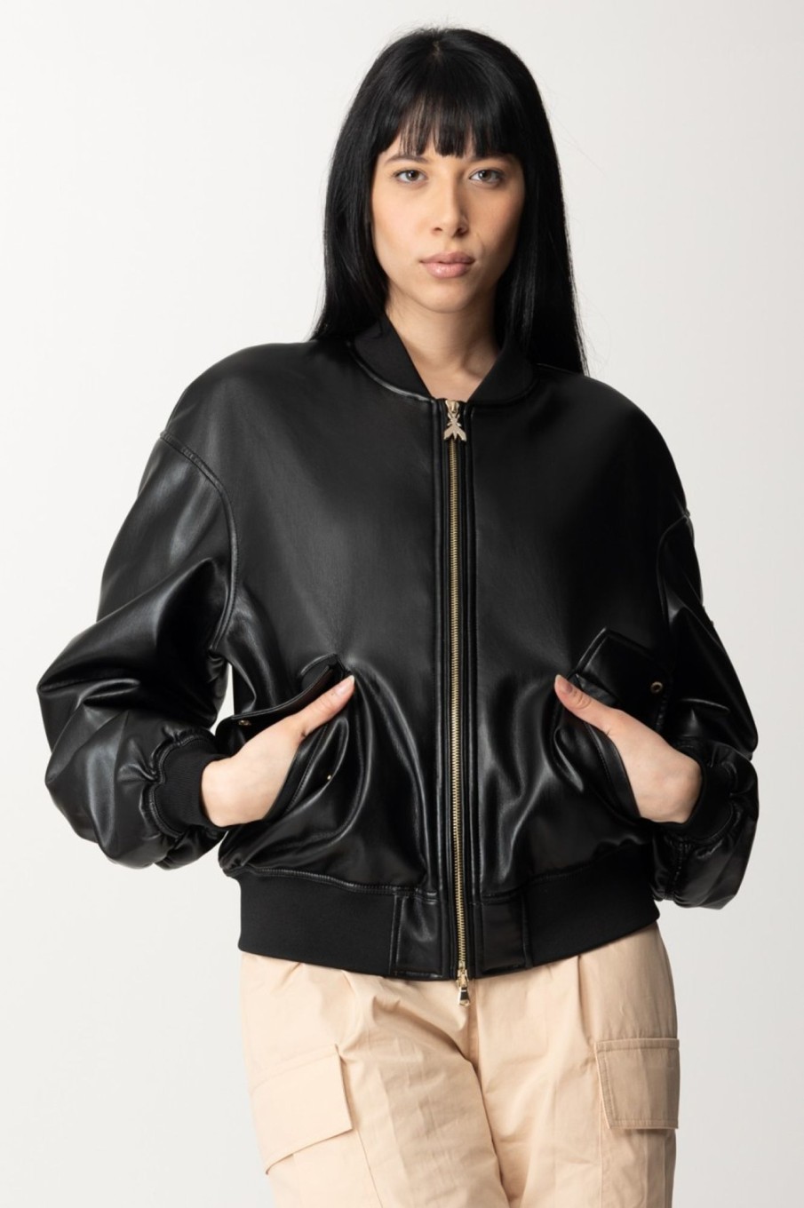 Patrizia Pepe Giubbino Bomber In Pelle Con Inserti In Tessuto Nero Best