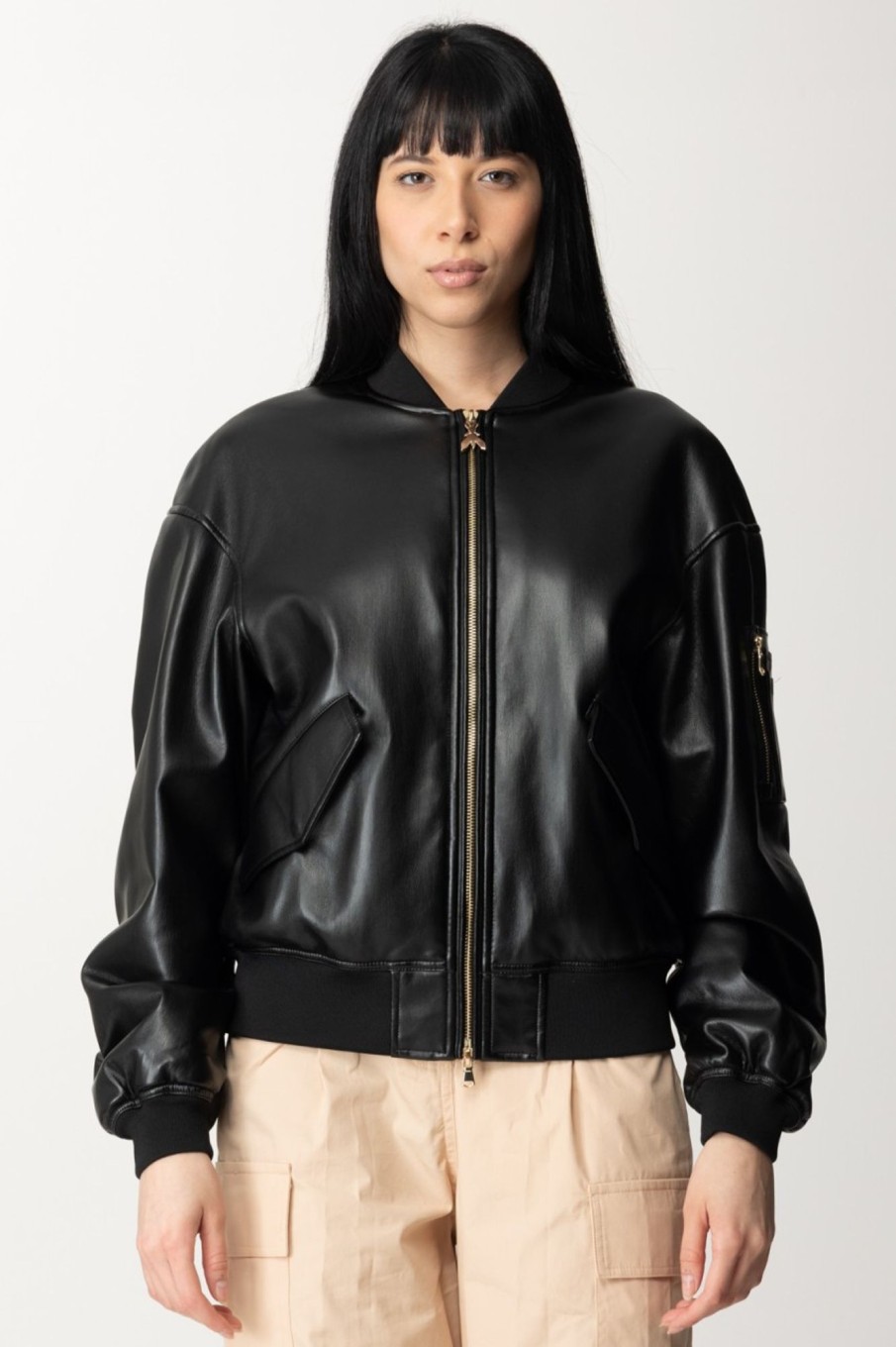 Patrizia Pepe Giubbino Bomber In Pelle Con Inserti In Tessuto Nero Best