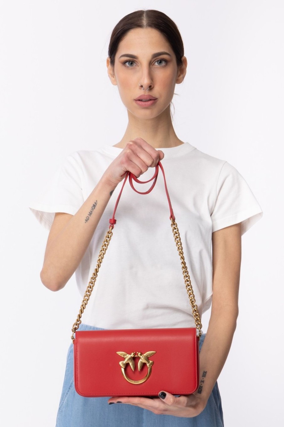 Pinko Love Click Baguette Mini Bag Rosso Granato-Antique Gold Hot