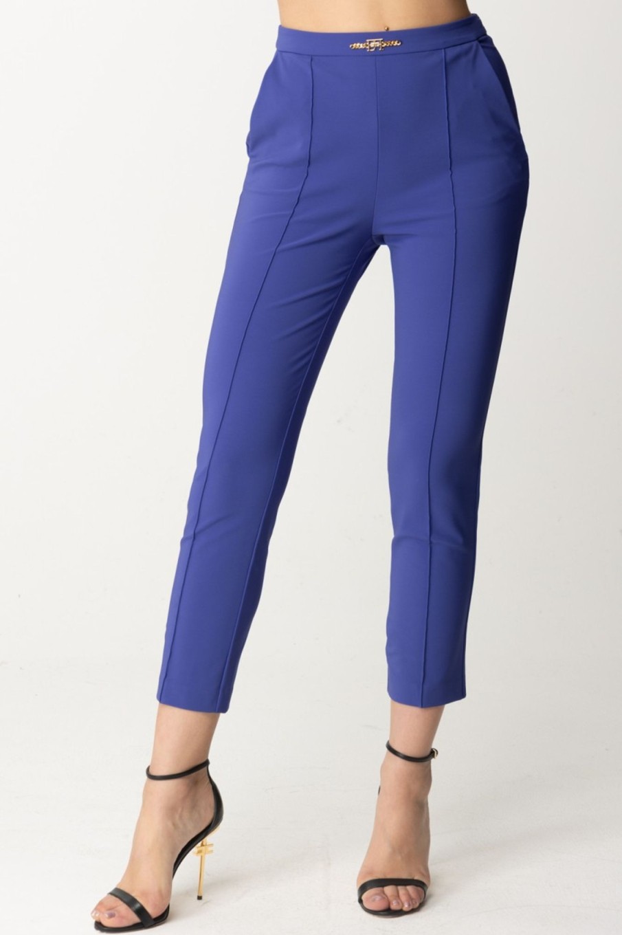 Elisabetta Franchi Pantaloni Con Piping E Logo In Vita Blue Indaco Wholesale