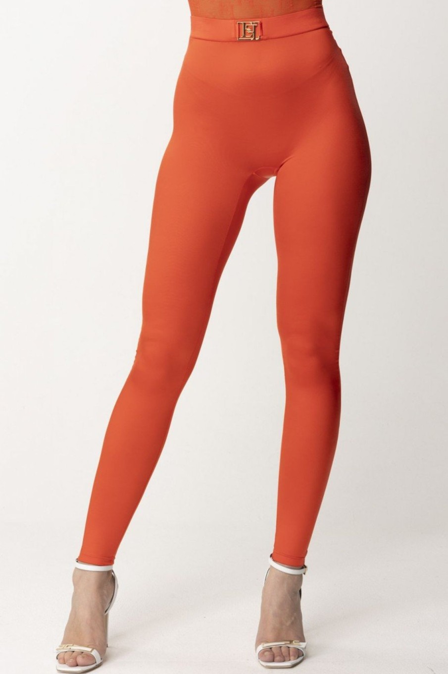 Elisabetta Franchi Leggings In Lycra Con Logo Corallo Clearance