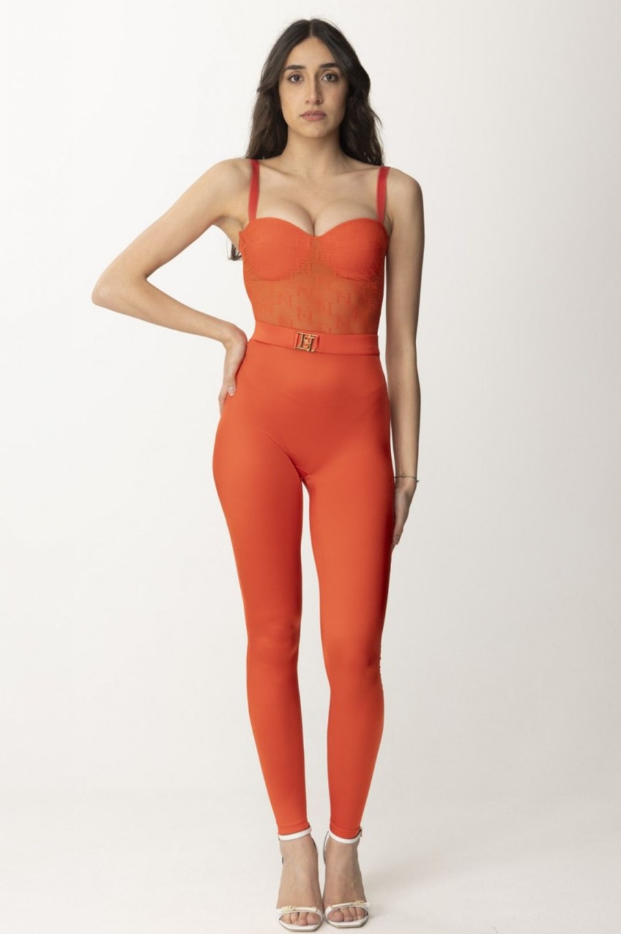 Elisabetta Franchi Leggings In Lycra Con Logo Corallo Clearance