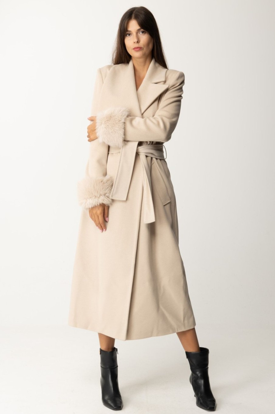 Yes London Cappotto Con Revers E Inserti Di Pelliccia Beige Clearance