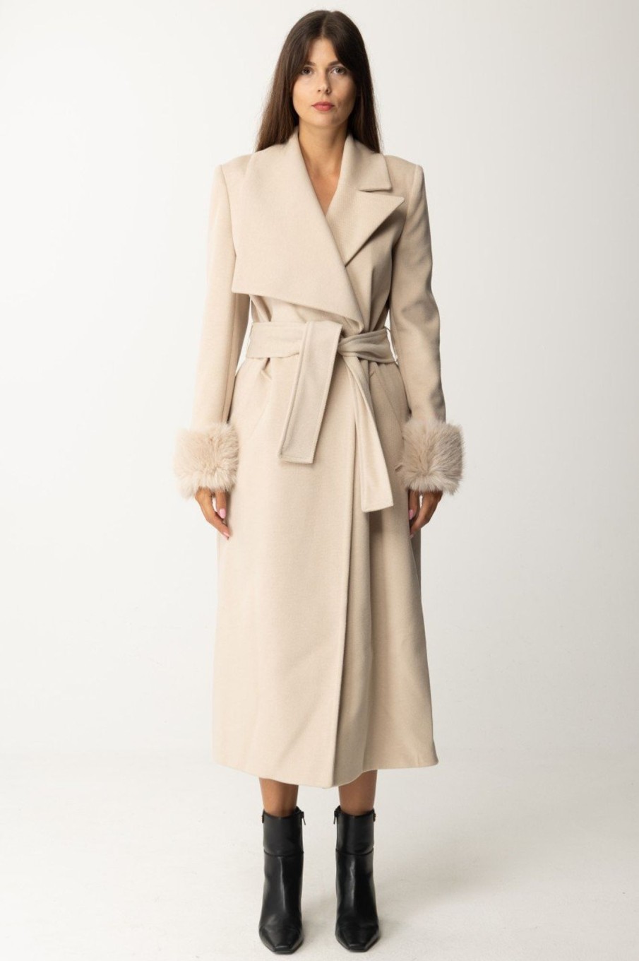 Yes London Cappotto Con Revers E Inserti Di Pelliccia Beige Clearance