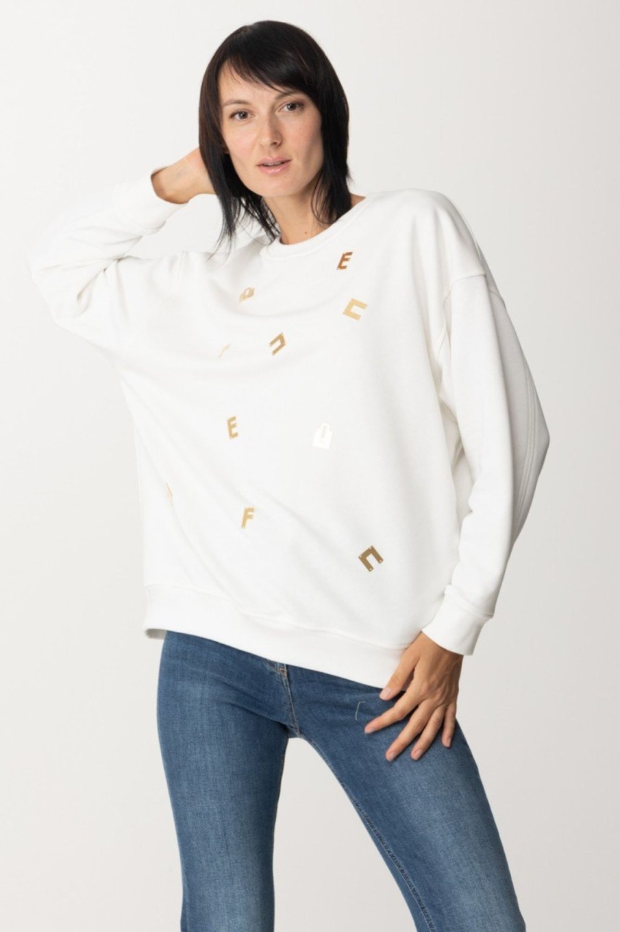 Elisabetta Franchi Felpa Con Lettering Gold Avorio Online