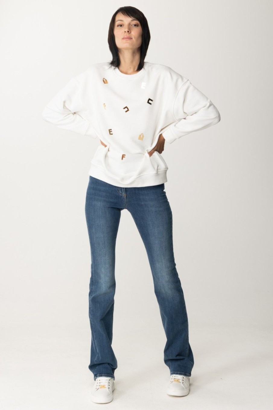 Elisabetta Franchi Felpa Con Lettering Gold Avorio Online
