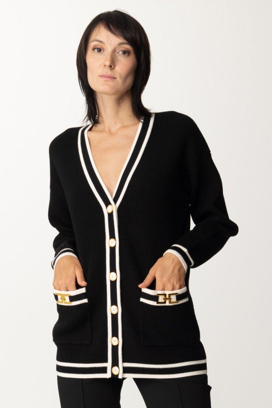 Elisabetta Franchi Cardigan Con Inserti A Contrasto Nero/Burro Wholesale