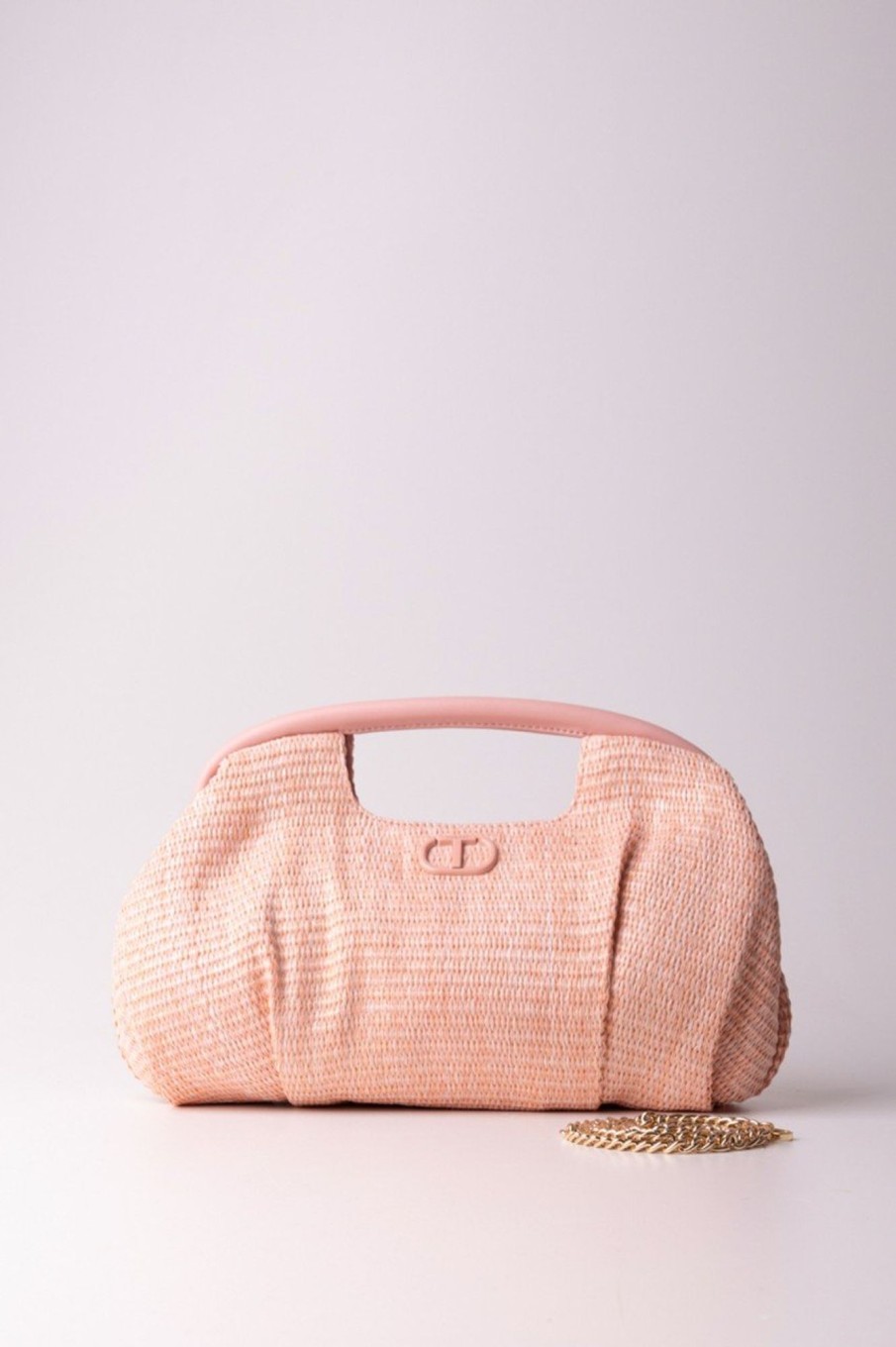 Twin-Set Pochette In Paglia Con Logo Rosa Parisienne Clearance