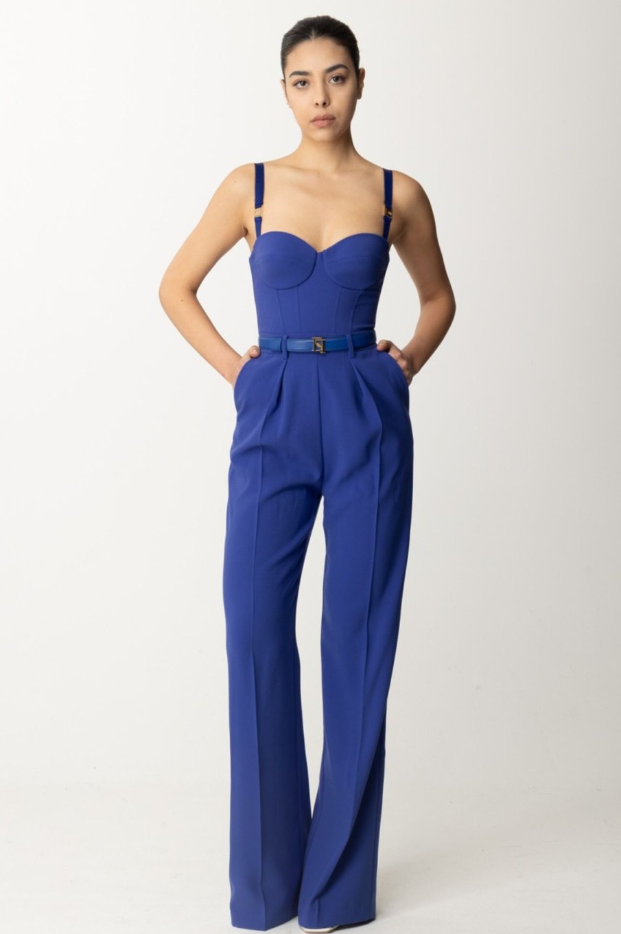 Elisabetta Franchi Tuta Lunga Bustier Con Cintura Blue Indaco Online