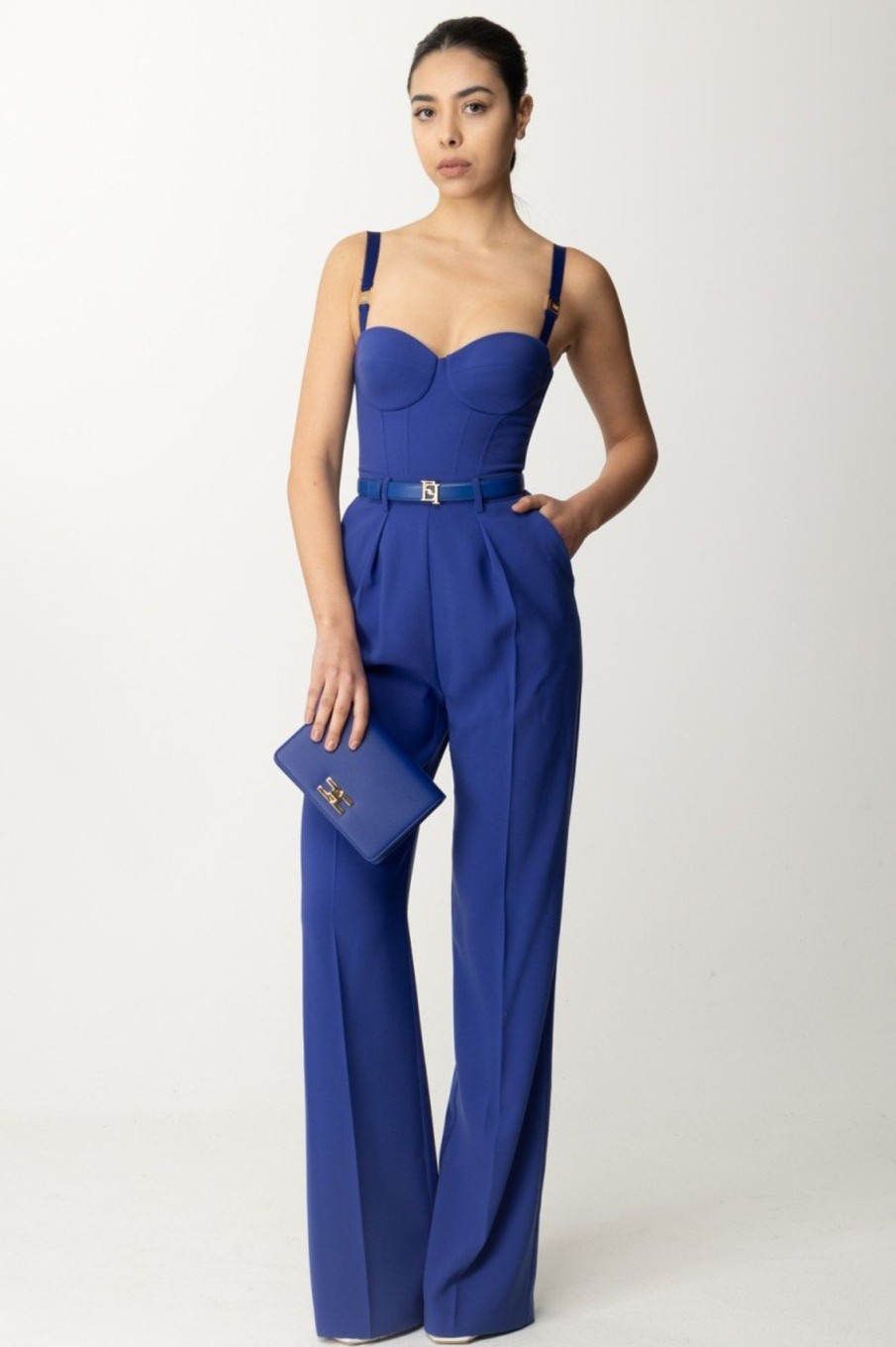 Elisabetta Franchi Tuta Lunga Bustier Con Cintura Blue Indaco Online