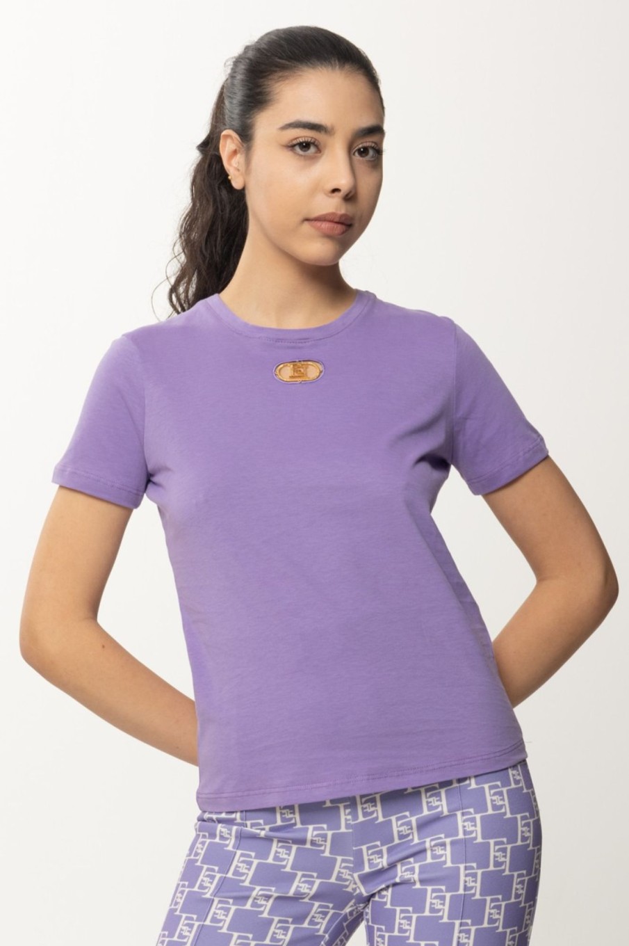 Elisabetta Franchi T-Shirt Con Obl00F2 E Placca Logo Iris Wholesale