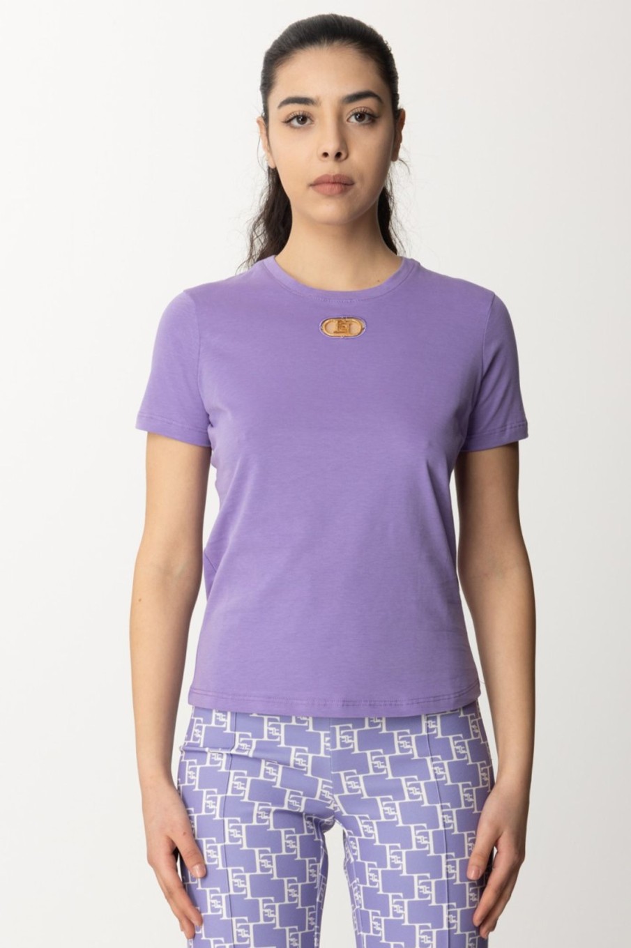 Elisabetta Franchi T-Shirt Con Obl00F2 E Placca Logo Iris Wholesale