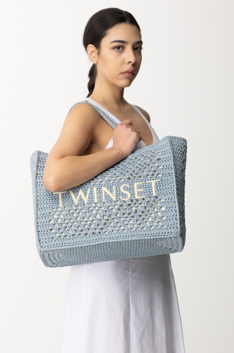 Twin-Set Borsa Crochet Con Logo A Contrasto Blue Tear Clearance