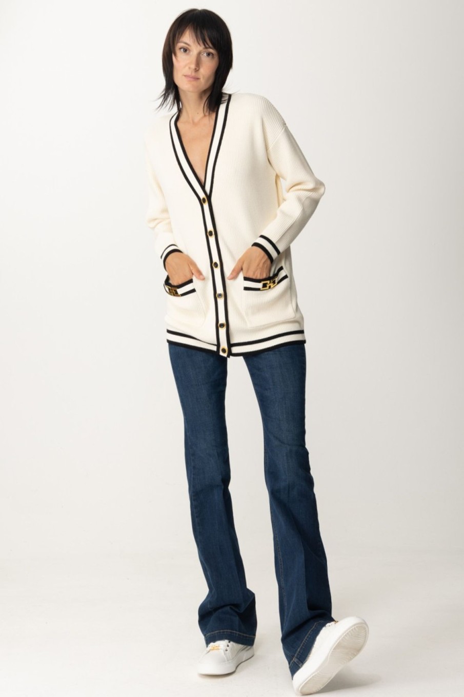 Elisabetta Franchi Cardigan Con Inserti A Contrasto Burro/Nero Online