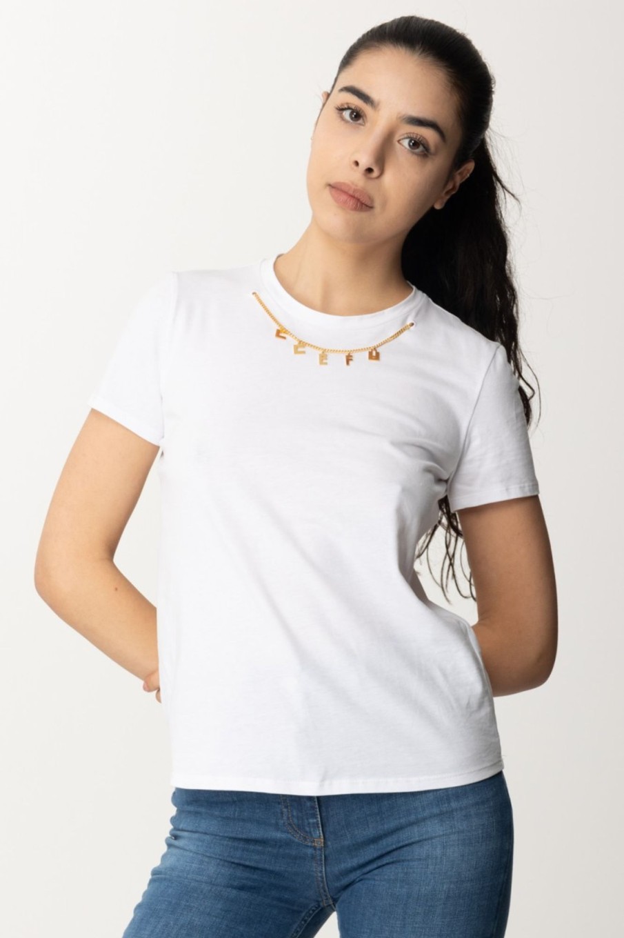 Elisabetta Franchi T-Shirt Con Collana Con Charms Gesso Wholesale