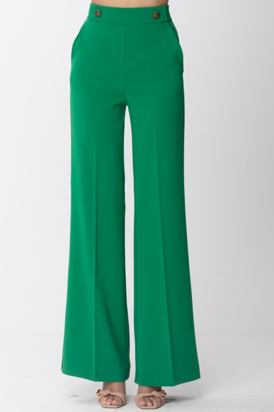 Pinko Pantaloni Palazzo Con Bottoni Verde Prato Inglese Hot