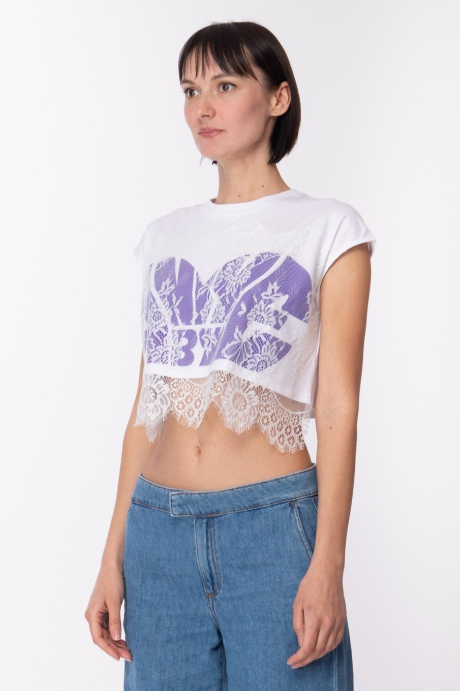 Aniye By Crop Top Nyta Con Stampa E Pizzo White Purple Online