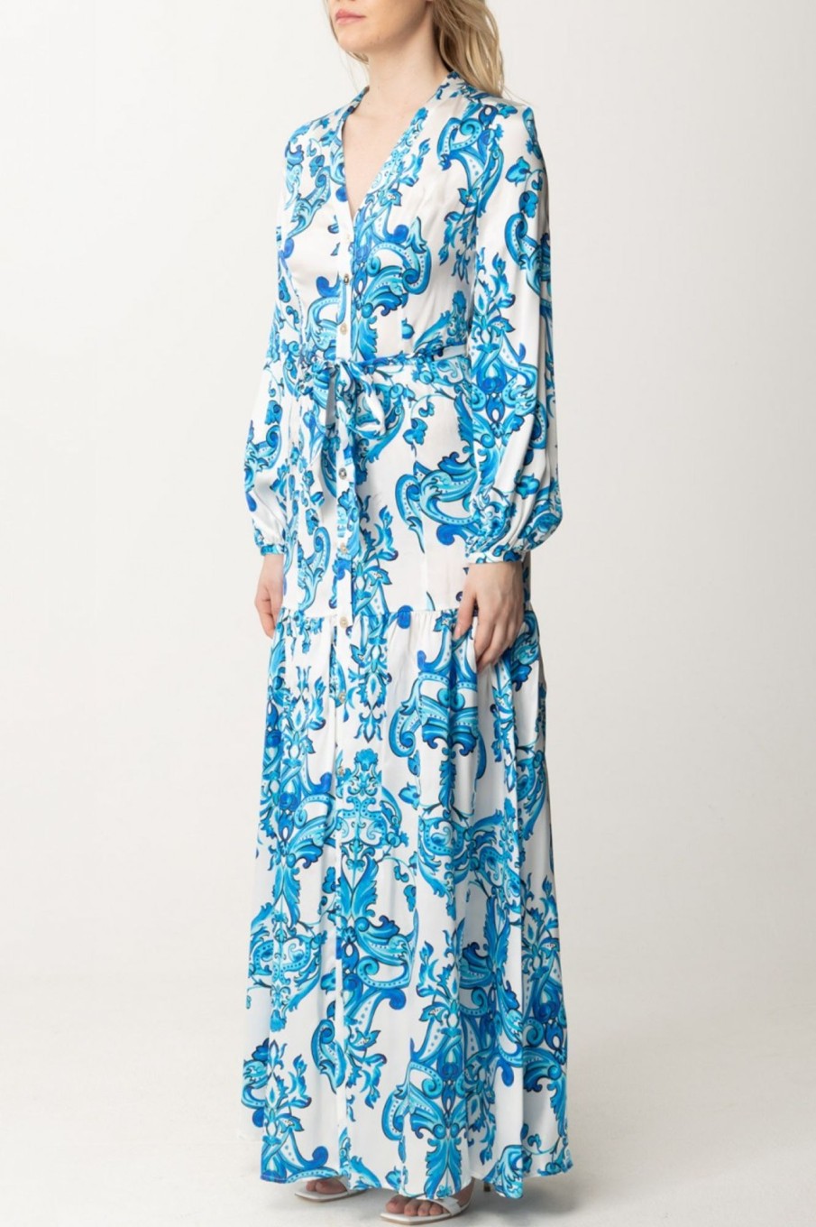 Guess Maxi Abito In Seta Stampato Blue Note Clearance