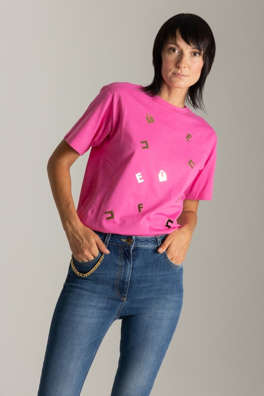 Elisabetta Franchi T-Shirt Con Placche Lettering Pink Fluo Best