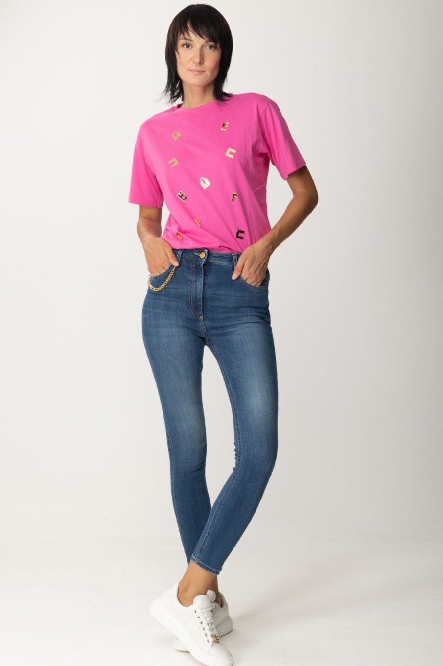 Elisabetta Franchi T-Shirt Con Placche Lettering Pink Fluo Best