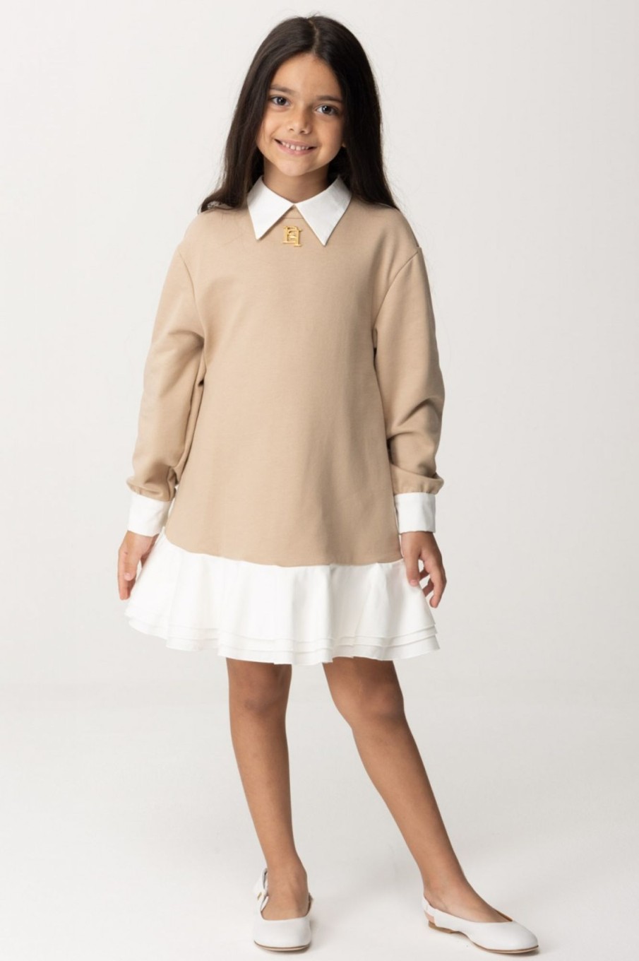 ELISABETTA FRANCHI BAMBINA Abito In Felpa Con Volant Sand/Ivory/Ivory Best