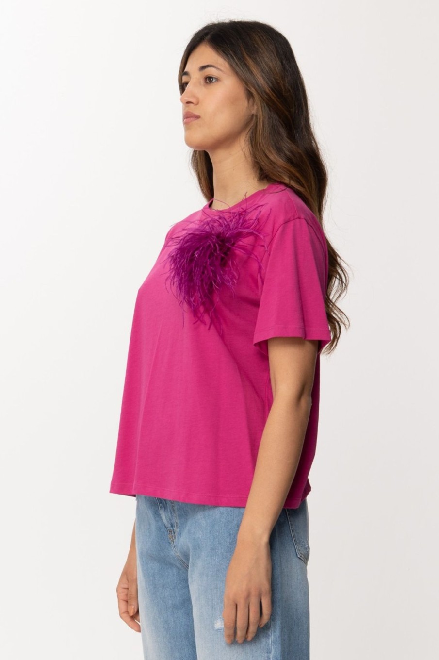 Patrizia Pepe T-Shirt Con Inserto Piumette Ceremony Fuchsia New