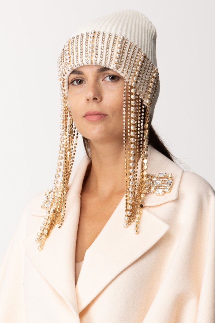 Elisabetta Franchi Cappello In Lana Con Catena Di Strass Burro Best