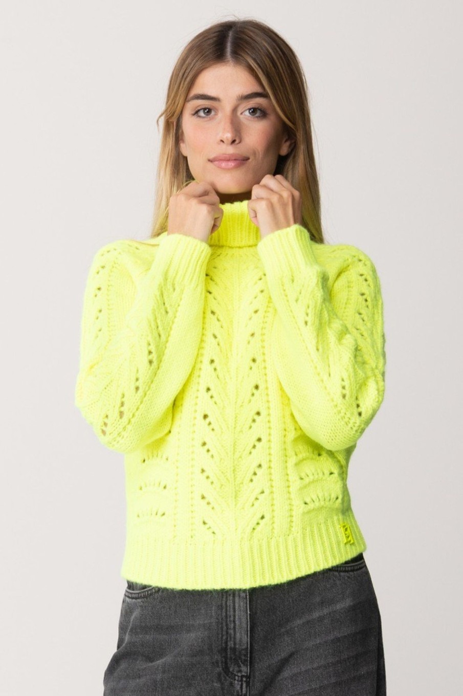 Elisabetta Franchi Maglia Collo Alto Misto Alpaca Lime Fluo Wholesale