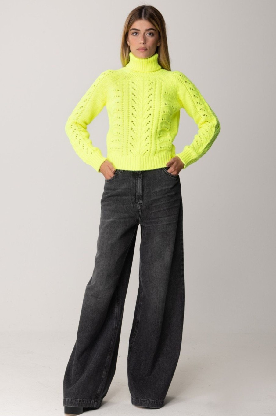 Elisabetta Franchi Maglia Collo Alto Misto Alpaca Lime Fluo Wholesale