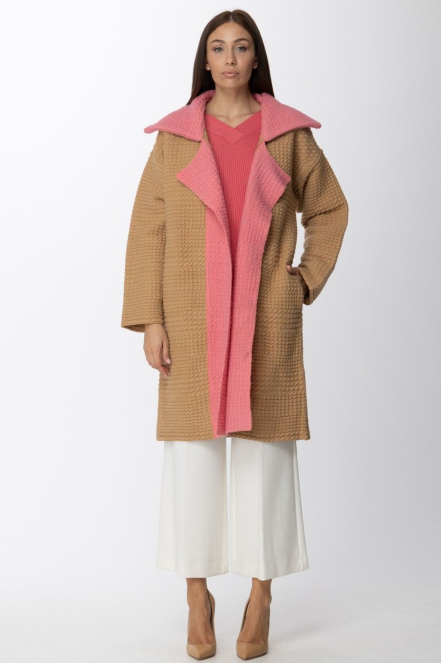 Simona Corsellini Cappotto In Panno Con Rever A Contrasto Cammello/Pink Hot