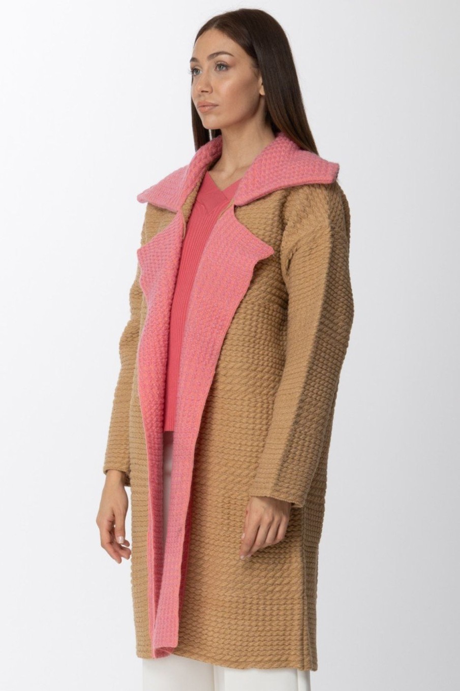 Simona Corsellini Cappotto In Panno Con Rever A Contrasto Cammello/Pink Hot