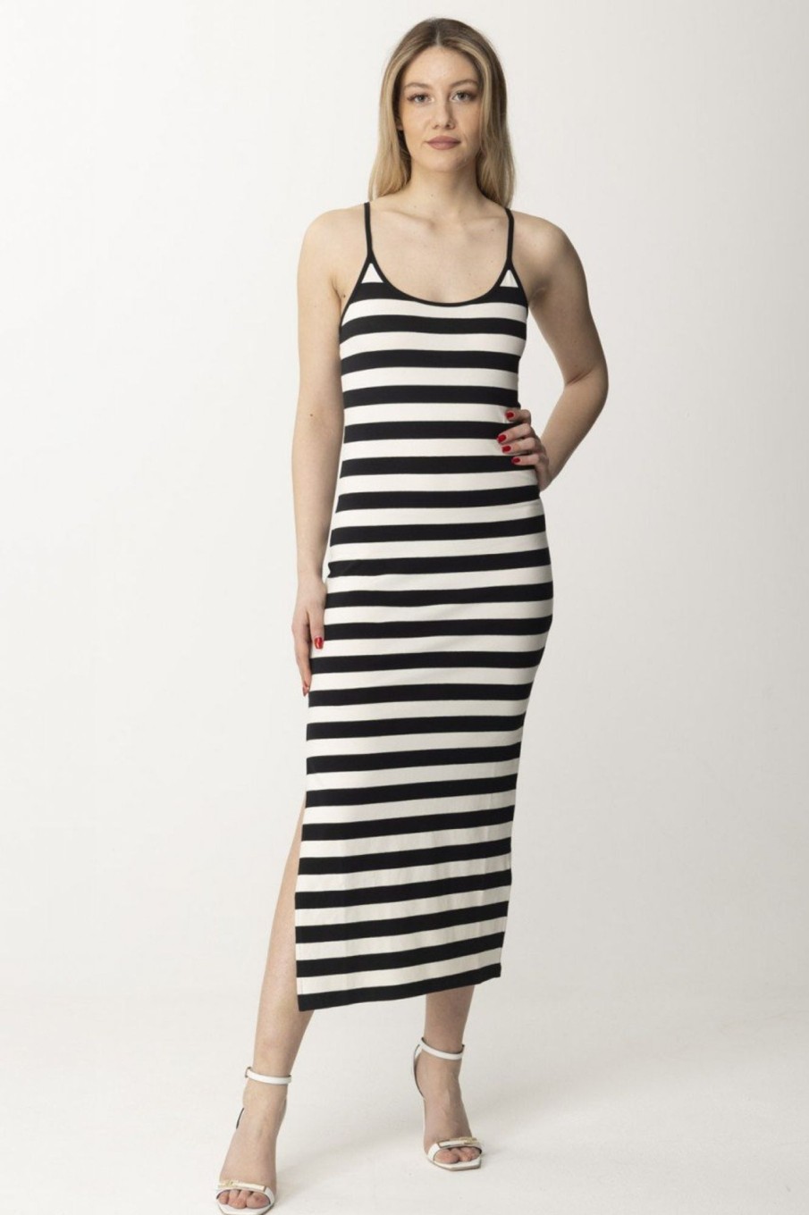 Patrizia Pepe Abito Lungo Con Stampa A Righe Black/White Stripes Clearance