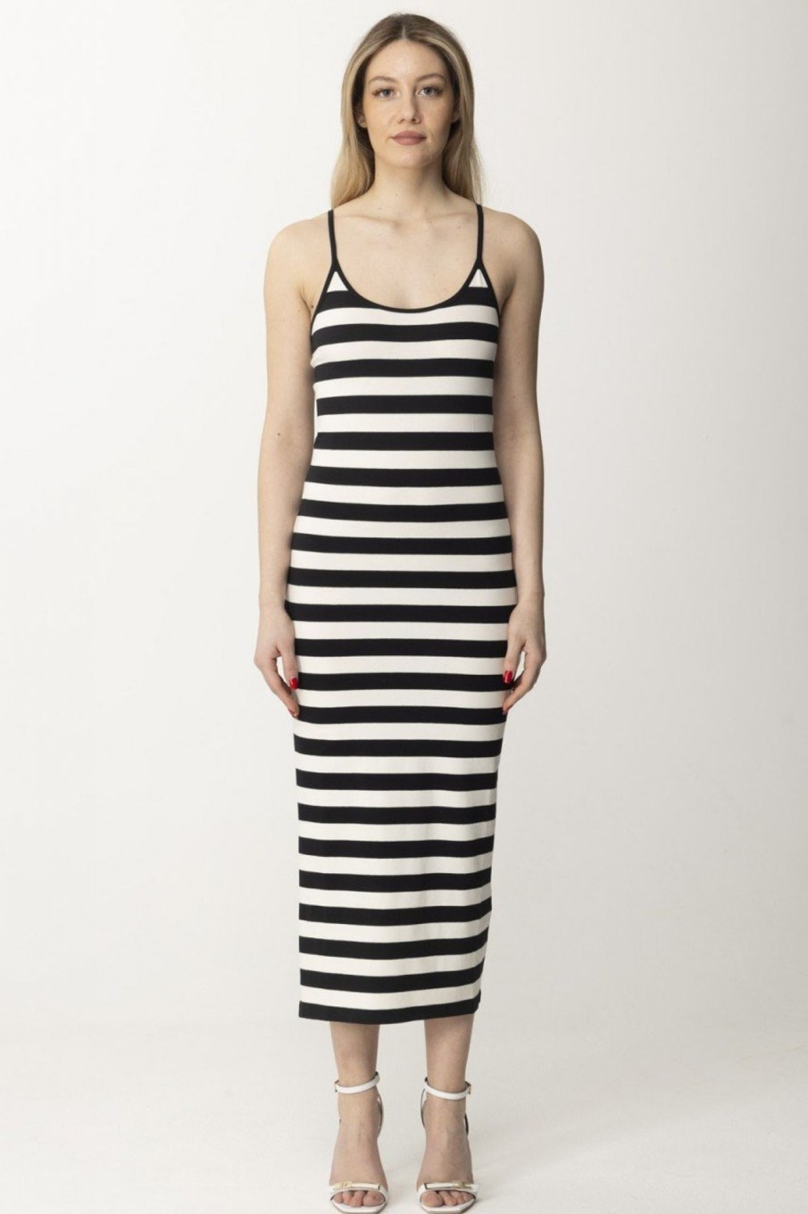 Patrizia Pepe Abito Lungo Con Stampa A Righe Black/White Stripes Clearance