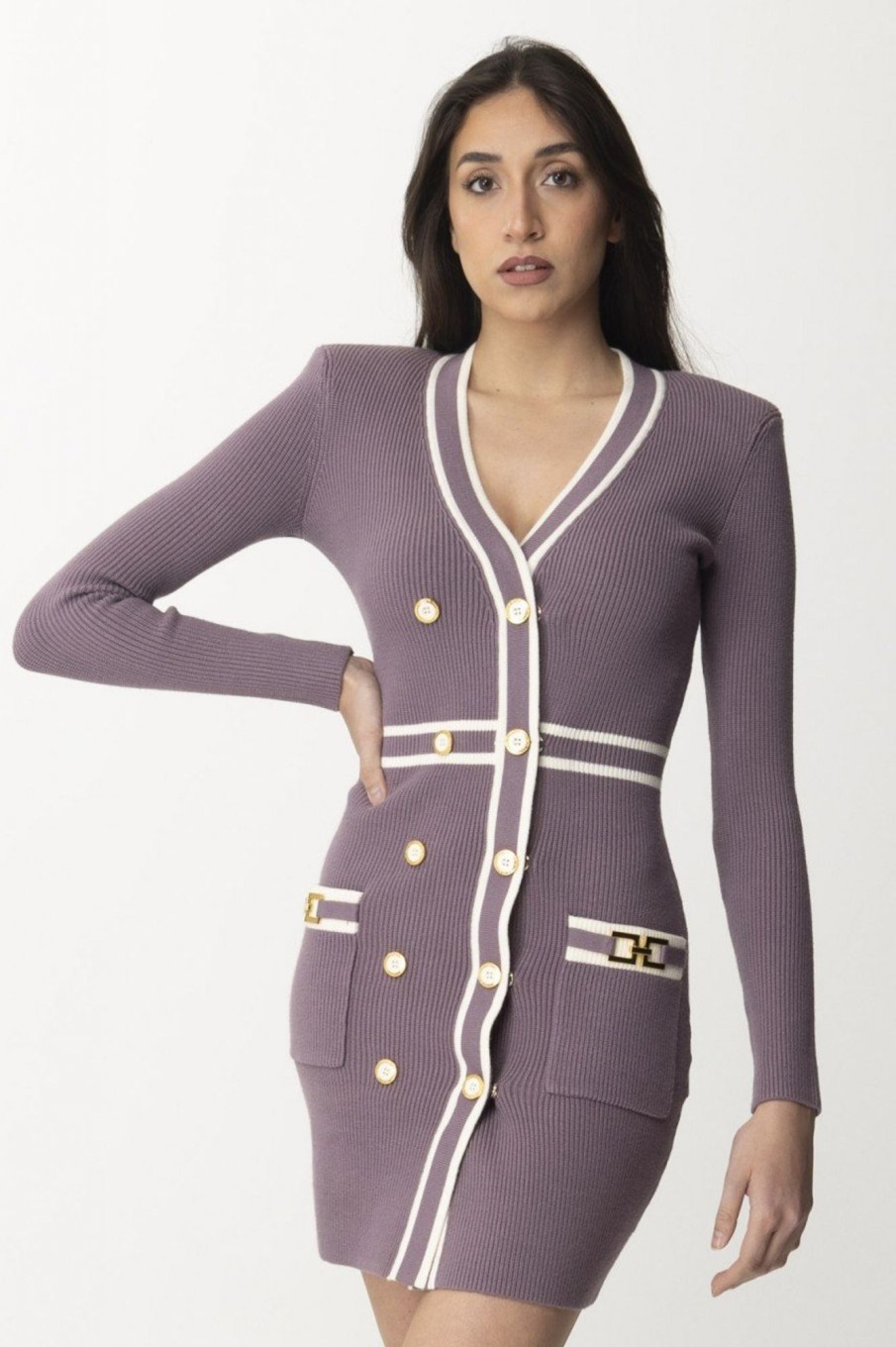 Elisabetta Franchi Abito Robe-Manteau In Maglia Candy Violet/Burro Online