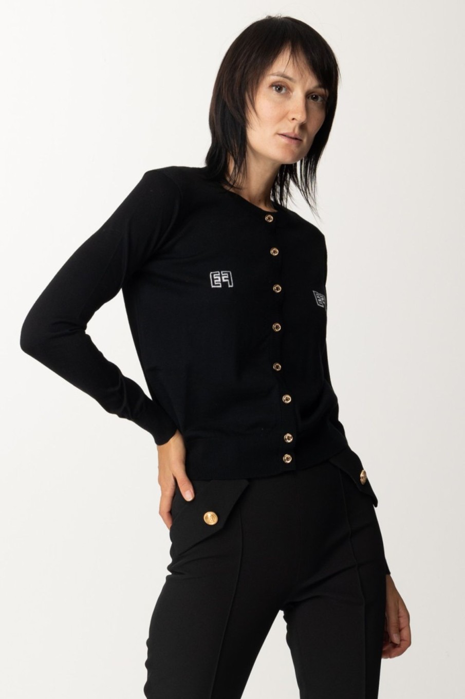 Elisabetta Franchi Cardigan In Lana Con Ricamo Loghi Nero/Burro Wholesale