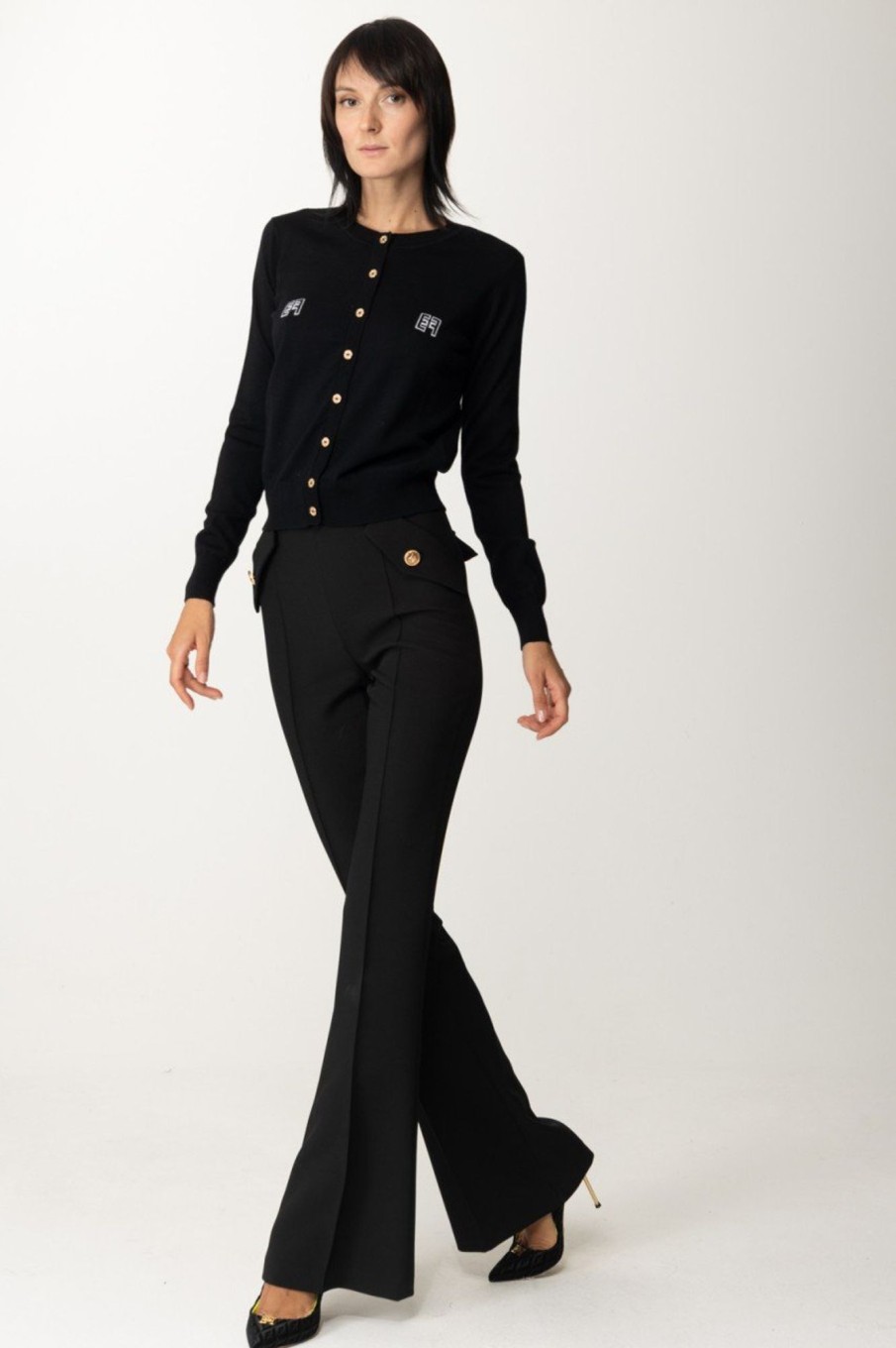 Elisabetta Franchi Cardigan In Lana Con Ricamo Loghi Nero/Burro Wholesale