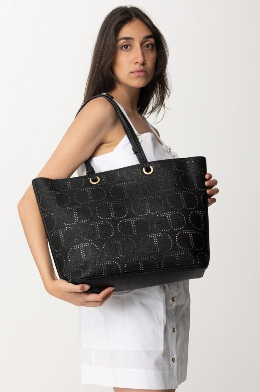 Twin-Set Borsa Tote Con Logo Traforato Nero Online