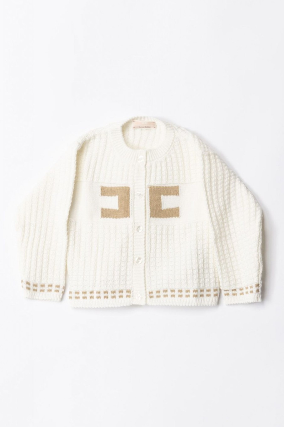 ELISABETTA FRANCHI BAMBINA Cardigan Tricot Con Logo Ricamato Ivory/Sand Clearance