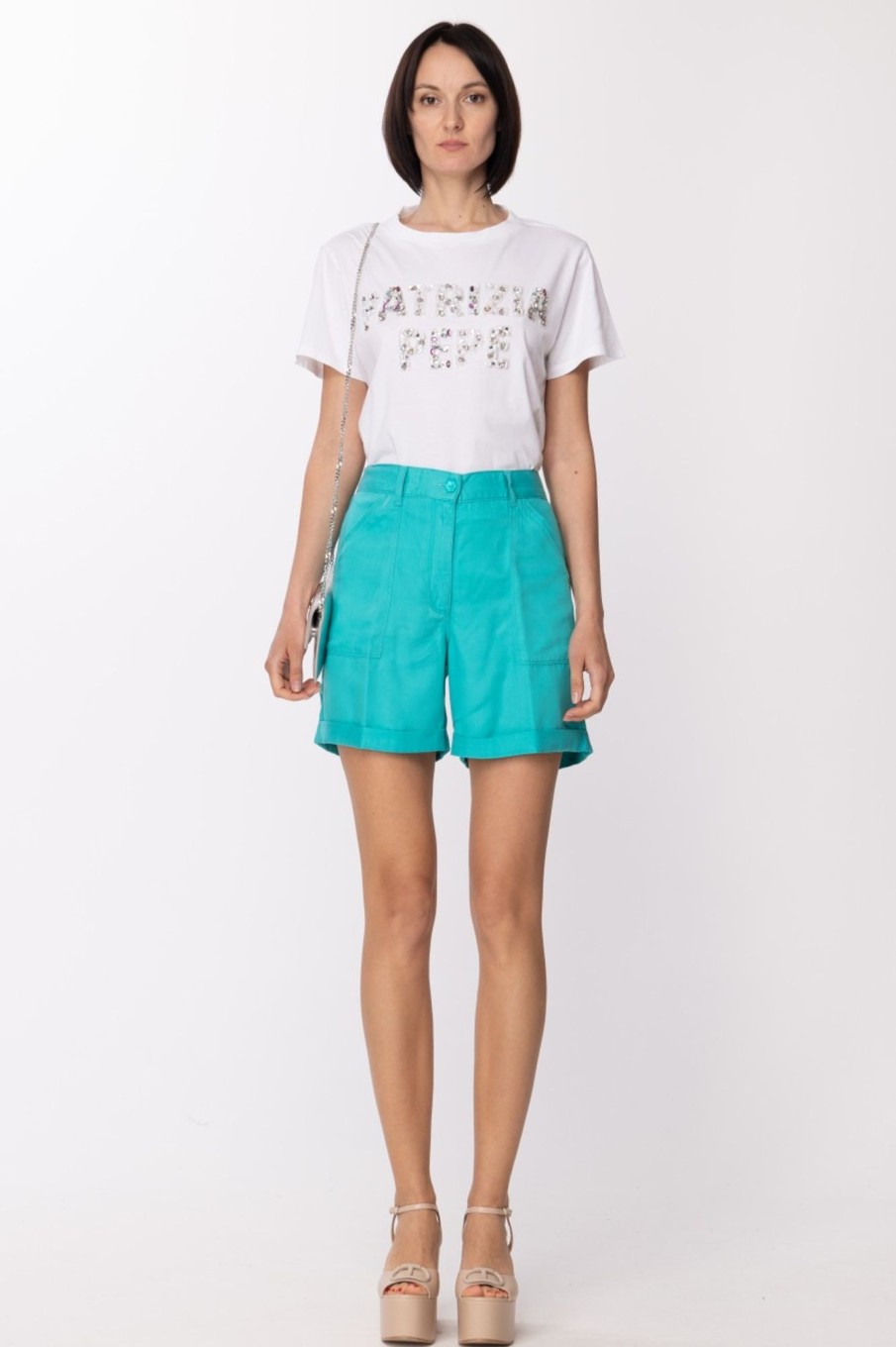 Patrizia Pepe Shorts In Denim Con Tasche Aqua Green New