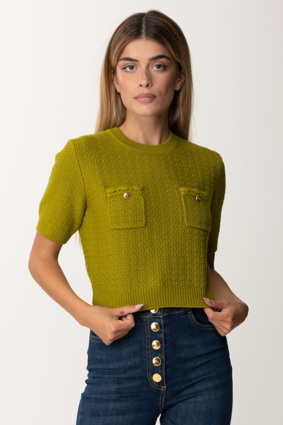 Elisabetta Franchi Maglia Maniche Corte Con Taschini Olive Oil Online