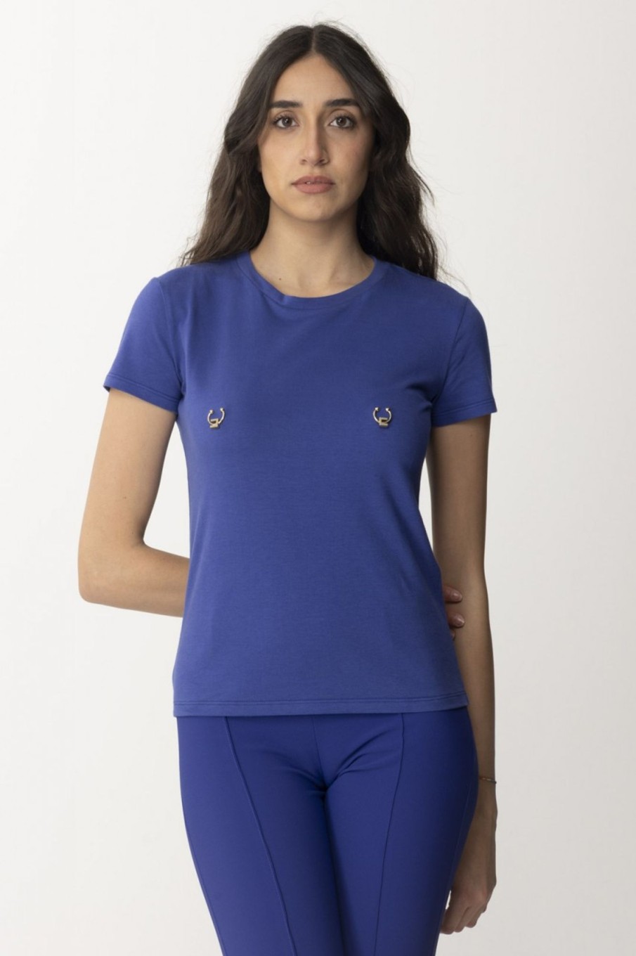 Elisabetta Franchi T-Shirt Con Piercing E Charms Blue Indaco Hot