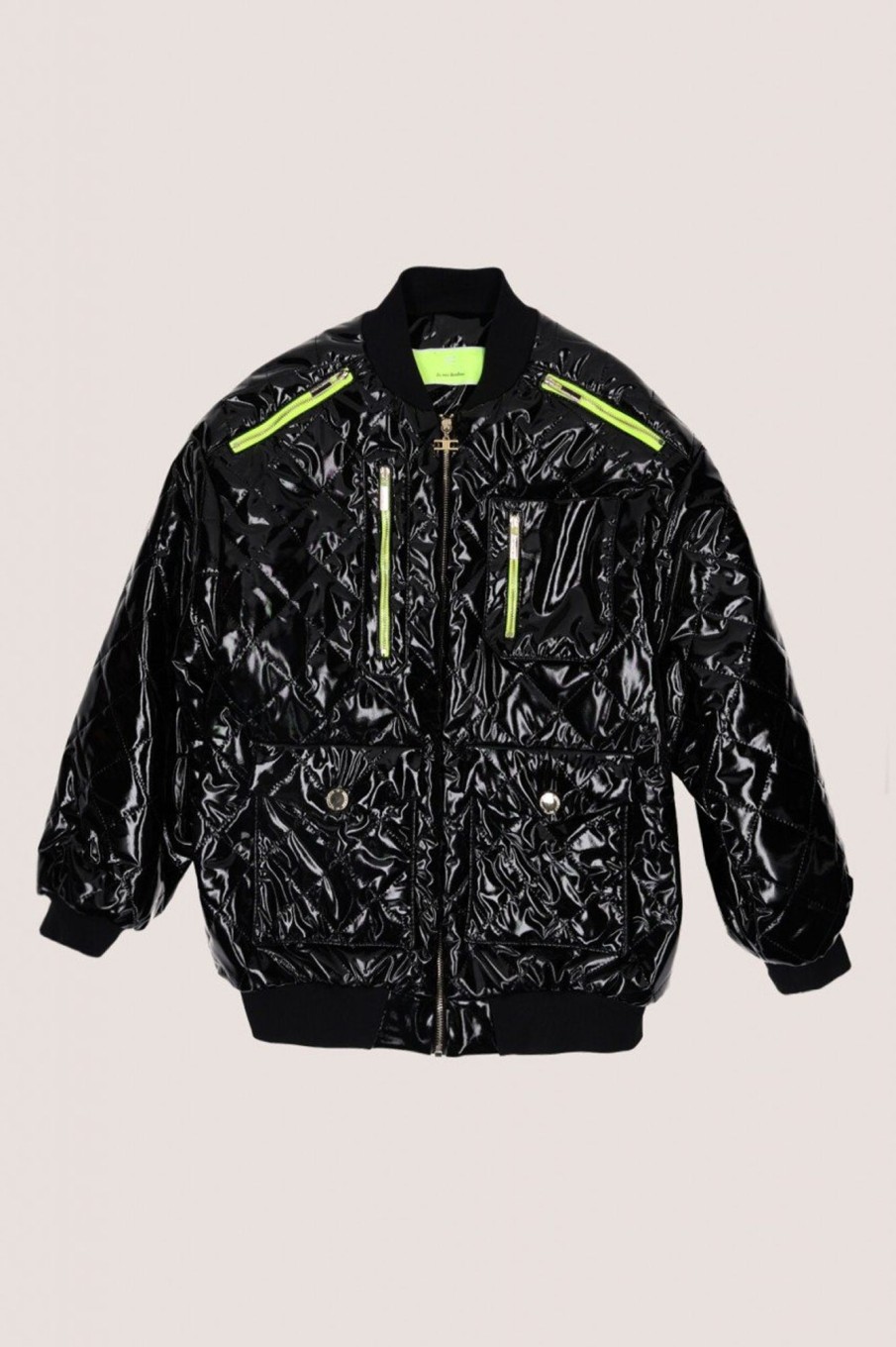 ELISABETTA FRANCHI BAMBINA Bomber Matelass00E8 In Vernice Con Dettagli Fluo Nero New