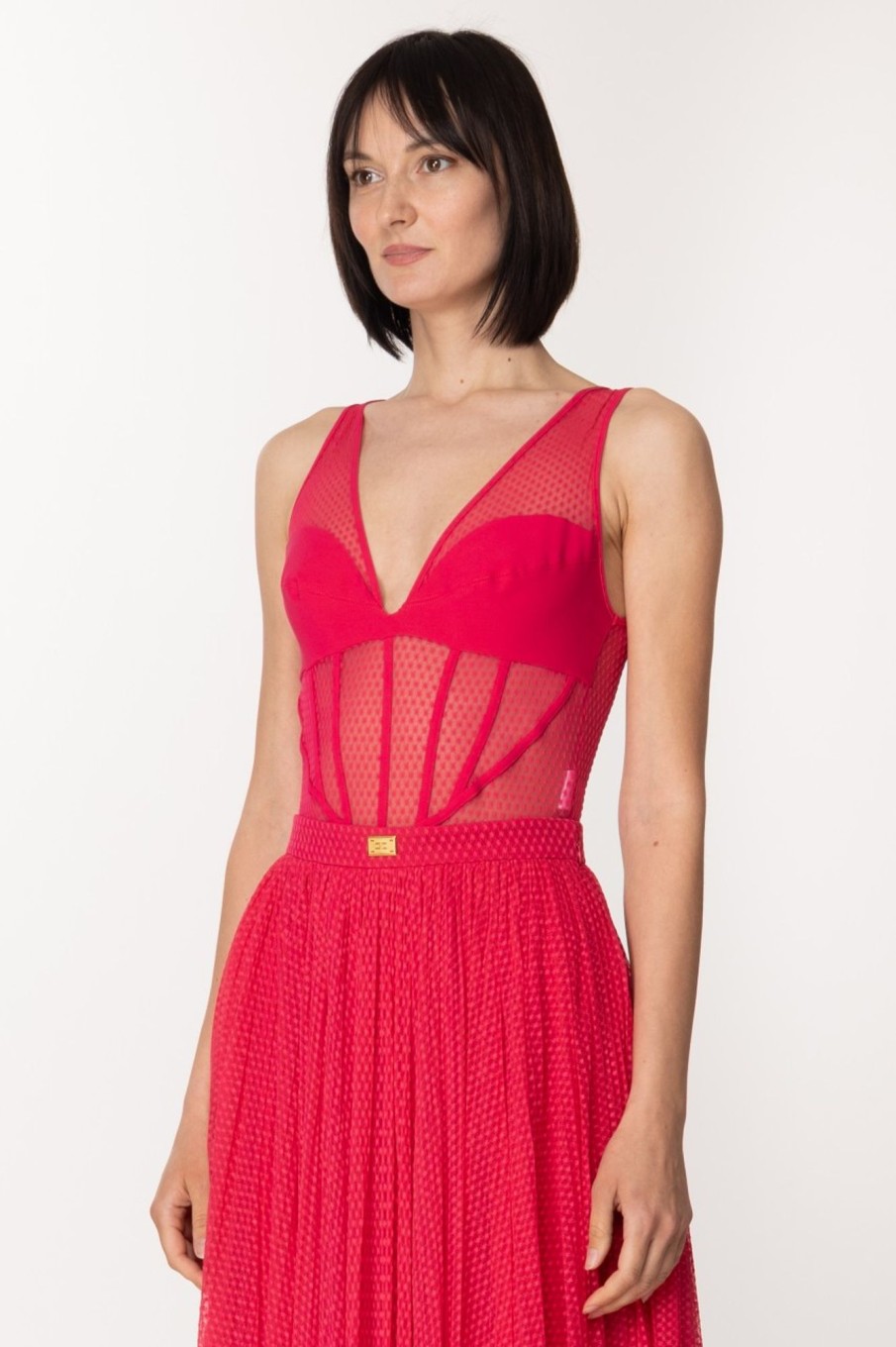 Elisabetta Franchi Body In Tulle Effetto Bustier Fuxia Clearance