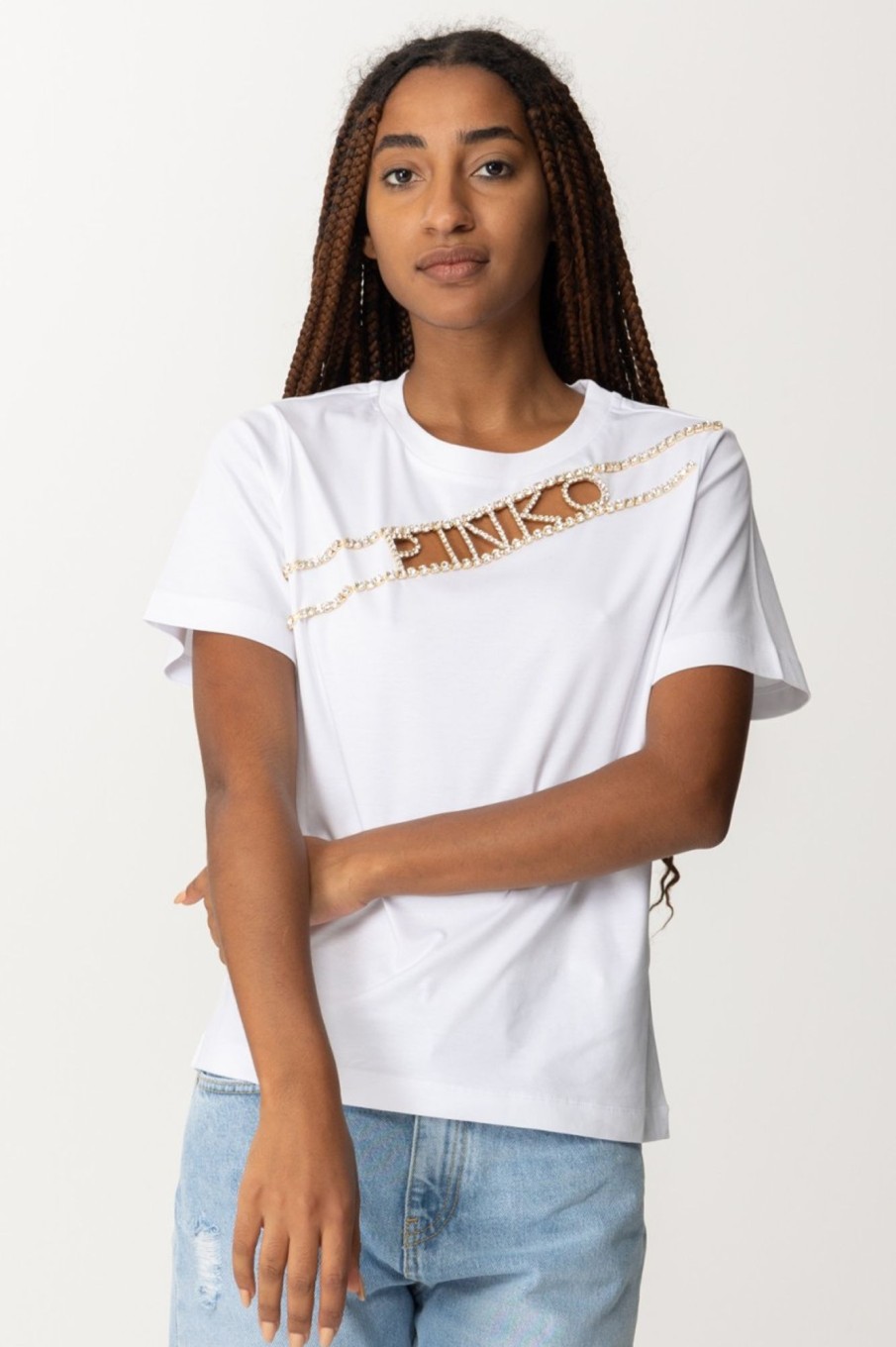 Pinko T-Shirt Con Apertura E Logo Strass Bianco Brill Best