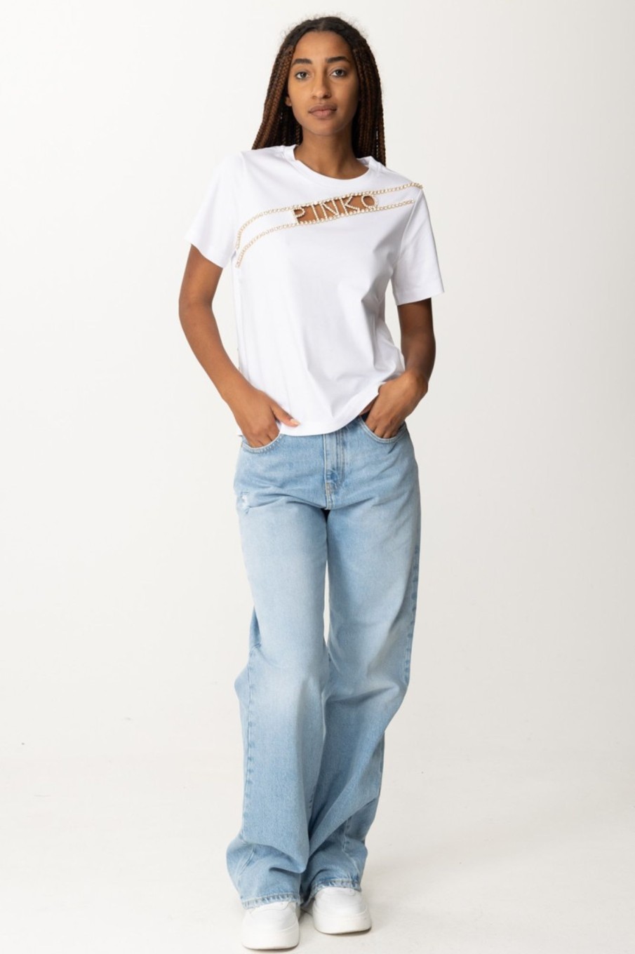 Pinko T-Shirt Con Apertura E Logo Strass Bianco Brill Best