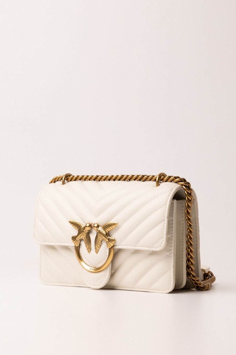 Pinko Love One Mini Bag Trapuntata Bianco Seta-Antique Gold New