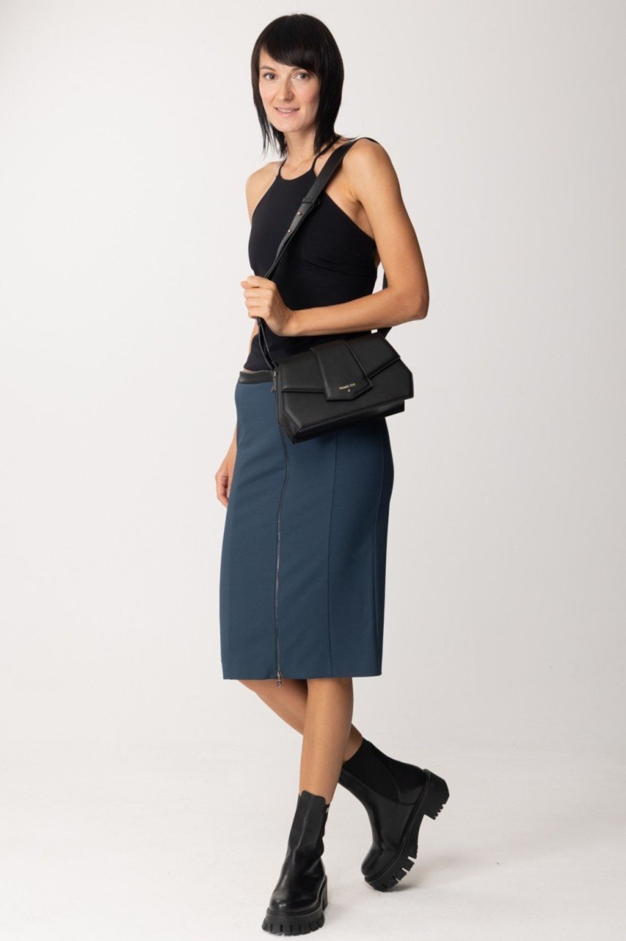 Patrizia Pepe Gonna Midi Con Inserto In Pelle Petrol Blue Clearance