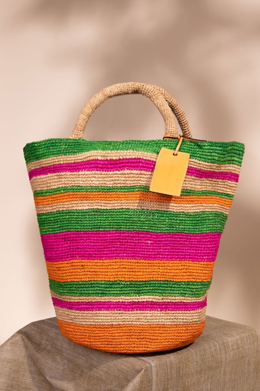 Manebi Tan Fuchsia And Mint Stripes Natural Raffia; Handcrafted Raffia Multicolor New