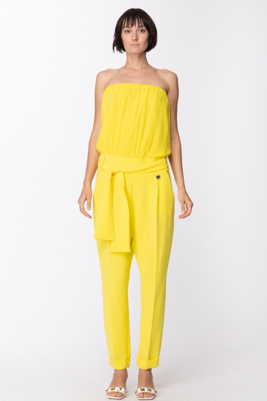 Mangano Tuta Lunga Off-Shoulder Con Fusciacca Giallo Sun Clearance